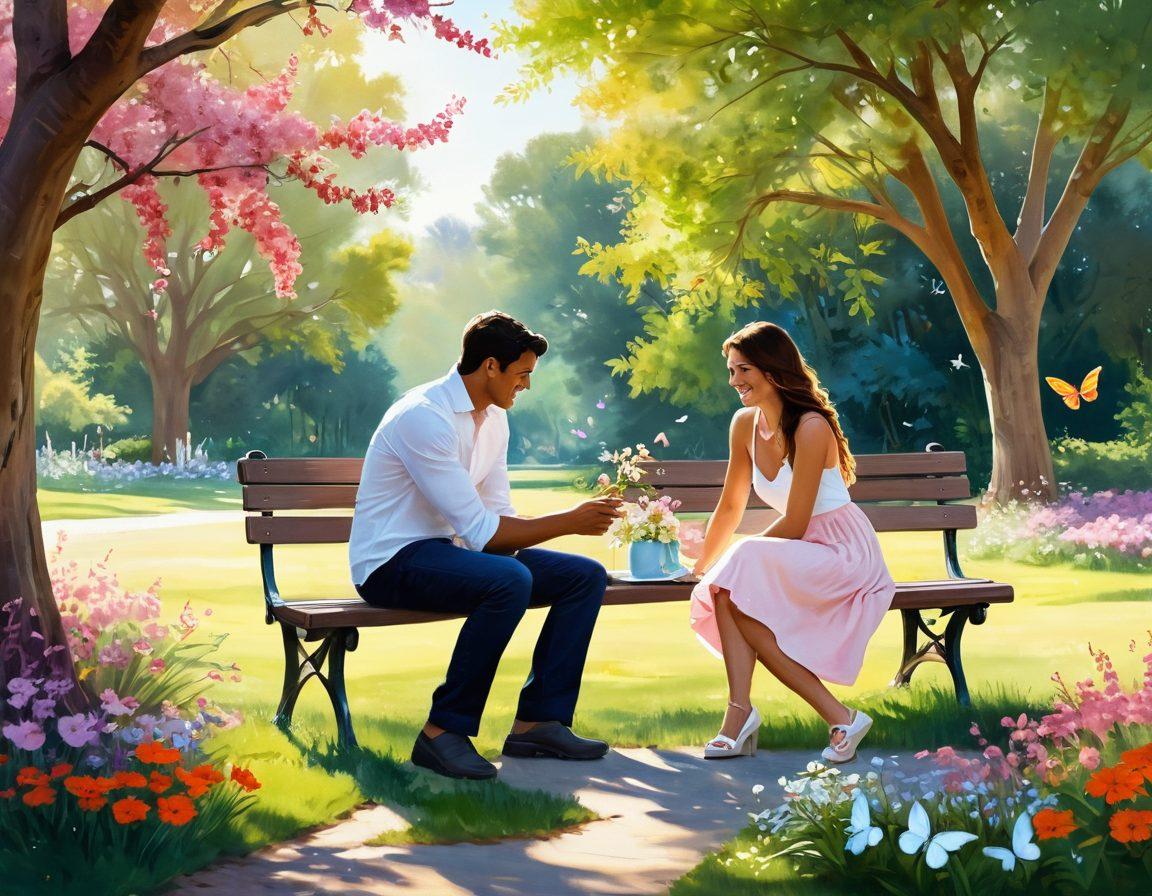 A whimsical park scene with a couple sharing a light-hearted moment, surrounded by blooming flowers and warm sunlight. Include soft pastel colors to evoke feelings of affection, with playful elements like butterflies and a picnic setup nearby. The couple should be engaging in a flirtatious conversation, showcasing relaxed body language. Illustrate a dreamy, youthful atmosphere that captures the essence of casual romance. vibrant colors. painting.
