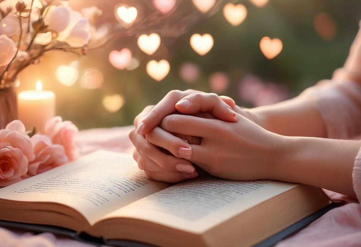 A pair of hands gently touching, surrounded by soft glowing hearts, symbolizing intimacy and connection. The backdrop features a serene evening setting with a warm sunset and delicate flowers, evoking a sense of romance and tenderness. Include subtle hints of books and heartfelt notes scattered around, representing tips and knowledge about love. dreamlike, pastel colors, soft focus.
