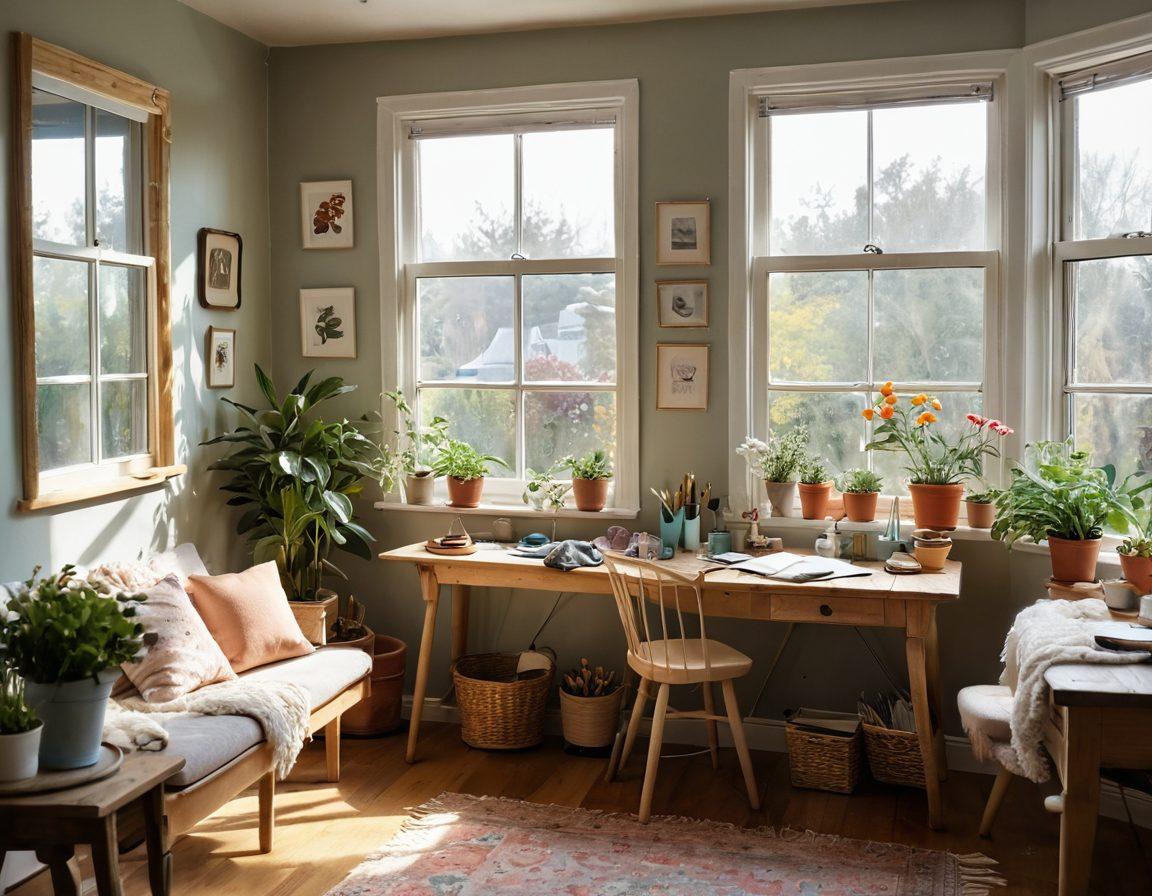 A cozy, inviting workspace filled with various hobby materials like paintbrushes, knitting needles, and gardening tools, with sunlight streaming through a window. In the background, a small group of friends is joyfully engaging in different activities, showcasing casual relationships and shared passions. Soft pastel colors and a warm, welcoming atmosphere evoke feelings of fondness and creativity. floral decor and warm lighting, creating an inviting setting. cozy, vibrant colors, relaxed atmosphere.